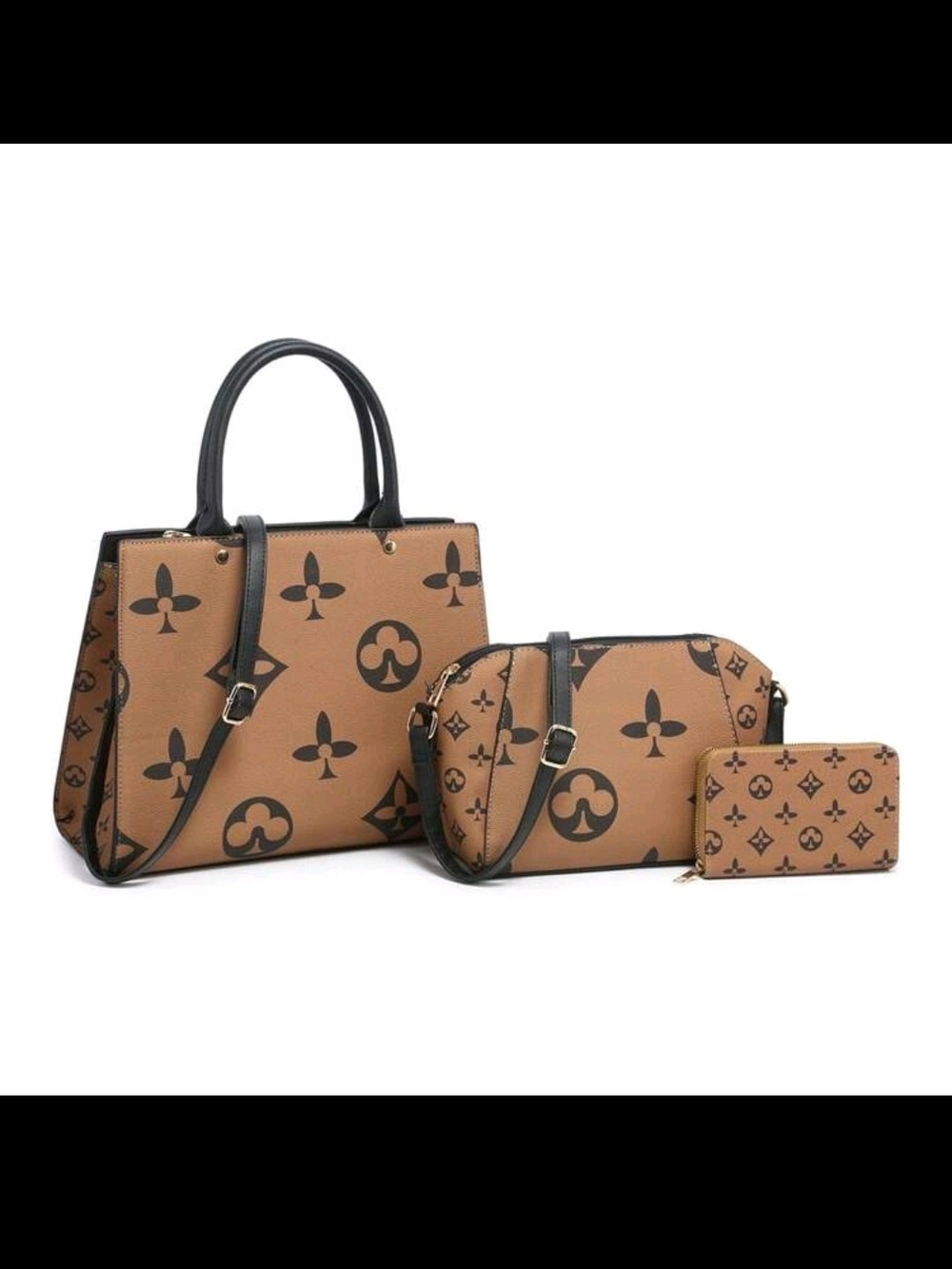 Luxury Monogram Tote, Crossbody and Wallet Set in Tan and Black